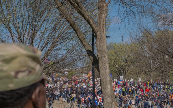 Mississippi National Guard Soldiers patrol during a protest at the Lincoln Memorial