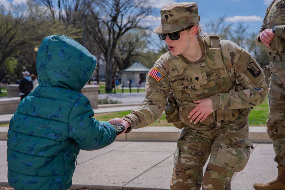 Mississippi National Guard Soldiers patrol during a protest at the Lincoln Memorial