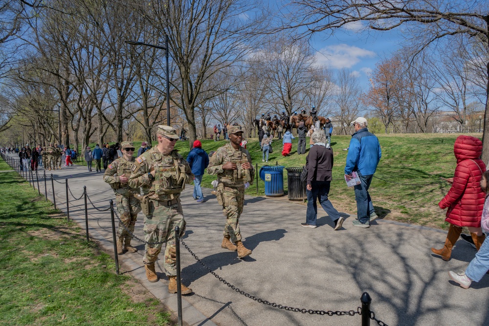 Mississippi National Guard Soldiers patrol during a protest at the Lincoln MemoriaL