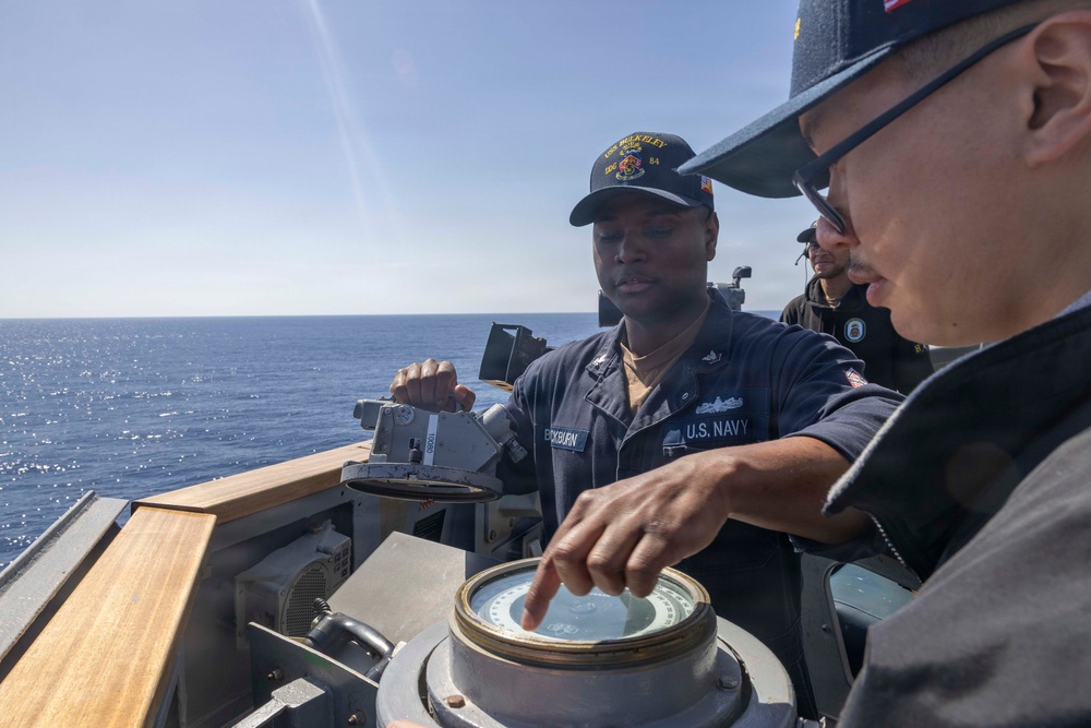 Quartermaster 2nd Class Antonio Blackburn leads navigation training aboard USS Bulkeley, April 13, 2026