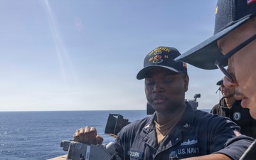 Quartermaster 2nd Class Antonio Blackburn leads navigation training aboard USS Bulkeley, April 13, 2026