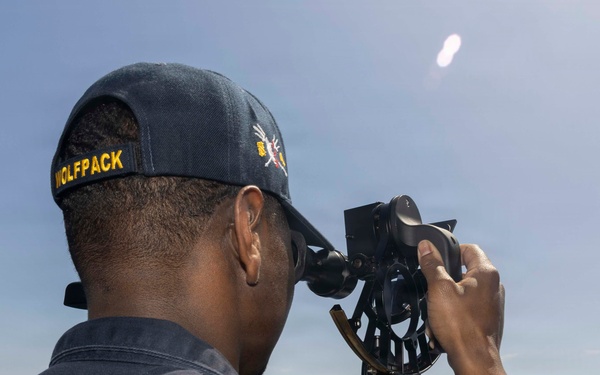 Quartermaster 2nd Class Antonio Blackburn leads navigation training aboard USS Bulkeley, April 13, 2026