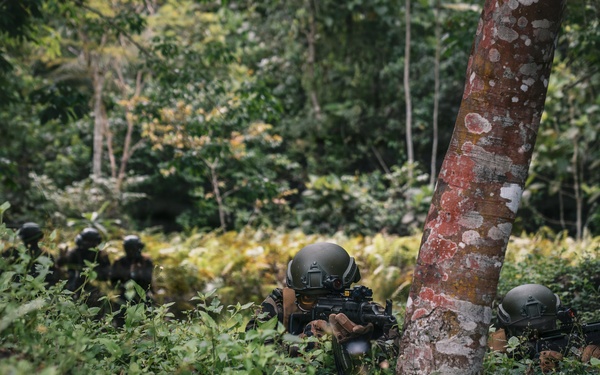 Green Berets and Cameroonian special operations soldiers execute urban maneuvers during Flintlock 26