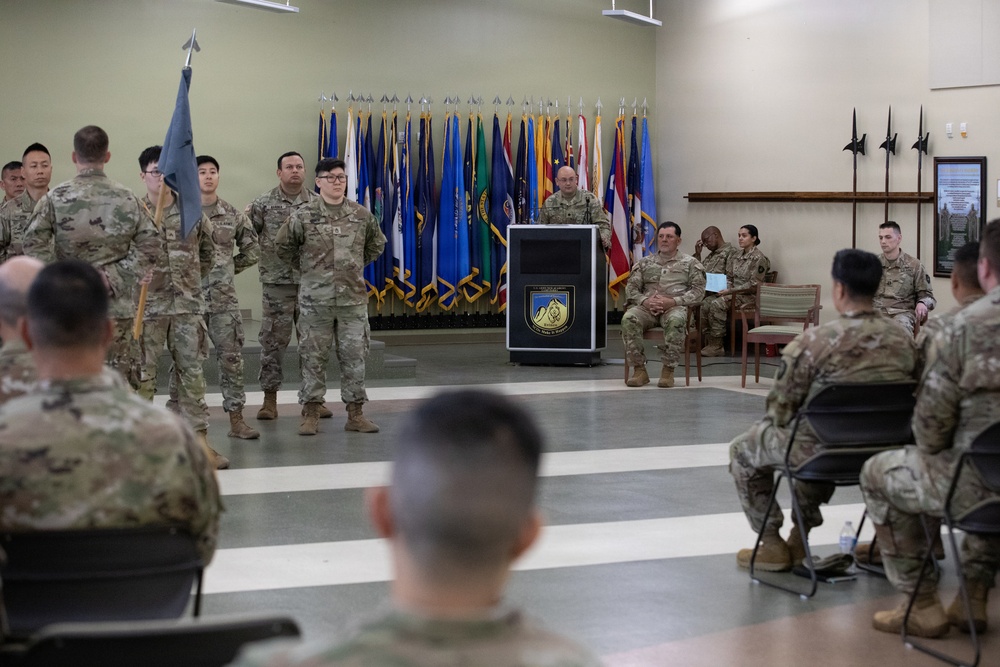 Lt. Col. Jeremy Mason, outgoing commander of the 304th Cyber Battalion, addresses soldiers and guests during the 304th Cyber Battalion's Activation Ceremony at Camp Parks, Calif., on April 11, 2026.