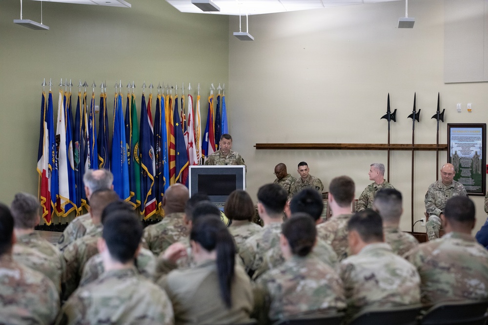 Lt. Col. Joel Joyce, incoming commander of the 304th Cyber Battalion, addresses soldiers and guests during the 304th Cyber Battalion's Change of Command Ceremony at Camp Parks, Calif., on April 12, 2026.