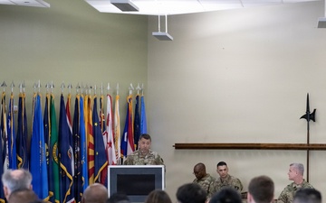 Lt. Col. Joel Joyce, incoming commander of the 304th Cyber Battalion, addresses soldiers and guests during the 304th Cyber Battalion's Change of Command Ceremony at Camp Parks, Calif., on April 12, 2026.