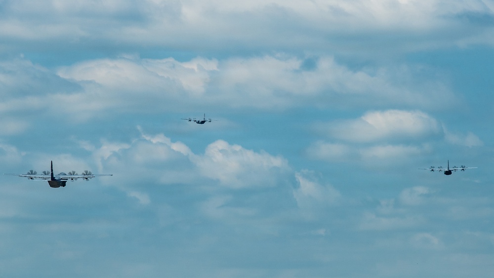 Military aircraft practice at Kentucky Air Guard Base for Thunder Over Louisville air show