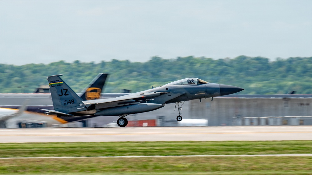 Military aircraft practice at Kentucky Air Guard Base for Thunder Over Louisville air show