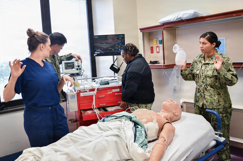 Sailors participate in an Advance Life Support (ALS) Class held by NMRTC Pensacola at Naval Hospital Pensacola