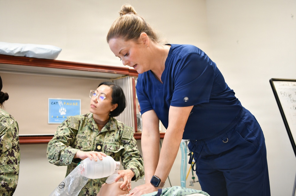 Sailors participate in an Advance Life Support (ALS) Class held by NMRTC Pensacola at Naval Hospital Pensacola