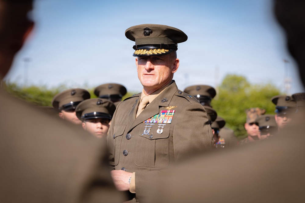 U.S. Marines with 4th MAW conduct the Service Alpha uniform inspection