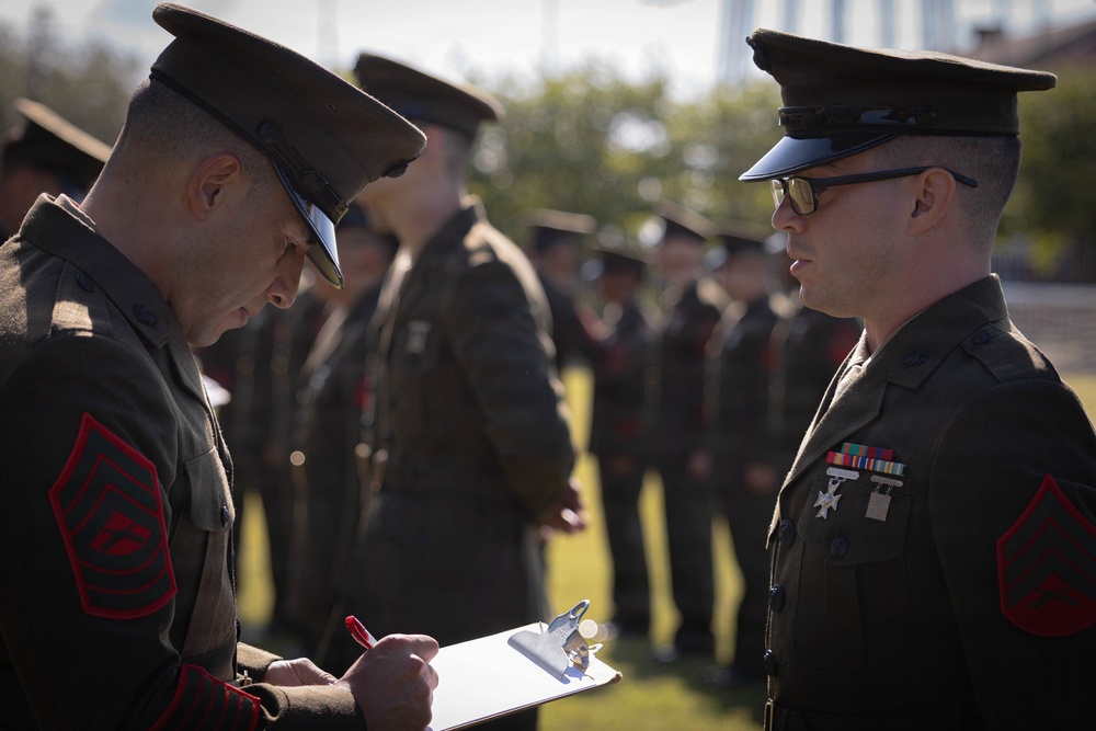U.S. Marines with 4th MAW conduct the Service Alpha uniform inspection
