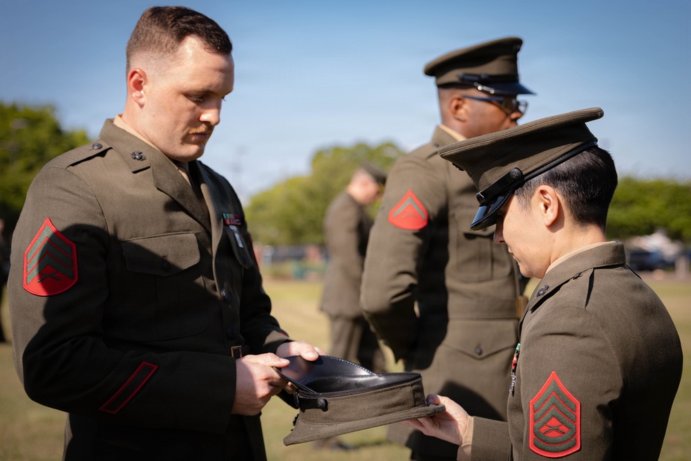 U.S. Marines with 4th MAW conduct the Service Alpha uniform inspection