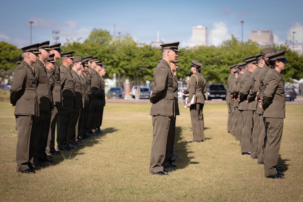 U.S. Marines with 4th MAW conduct the Service Alpha uniform inspection