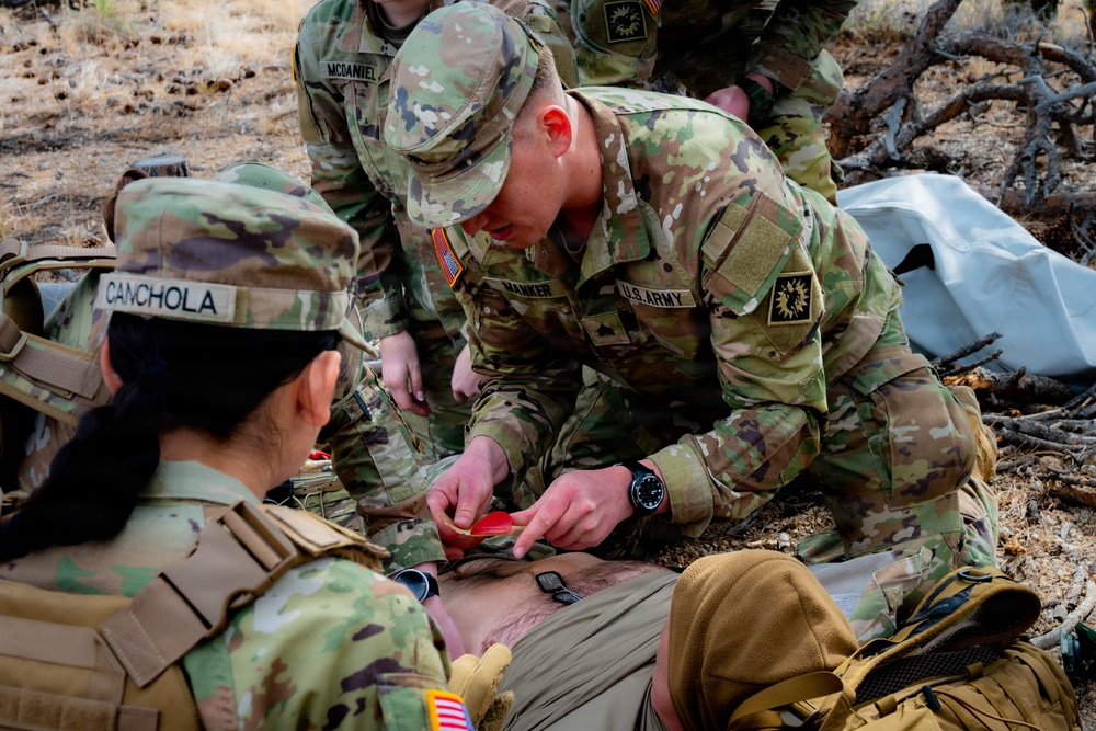 Medics perform medical assessment on casualty