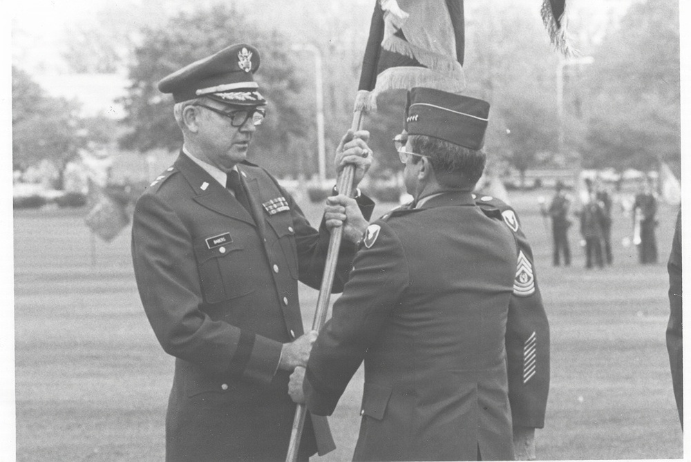 MG Donald M. Babers accepts new CECOM flag on May 1, 1981
