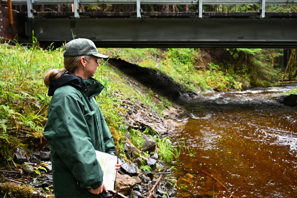 Fisheries biologist monitors a karst stream on the Tongass