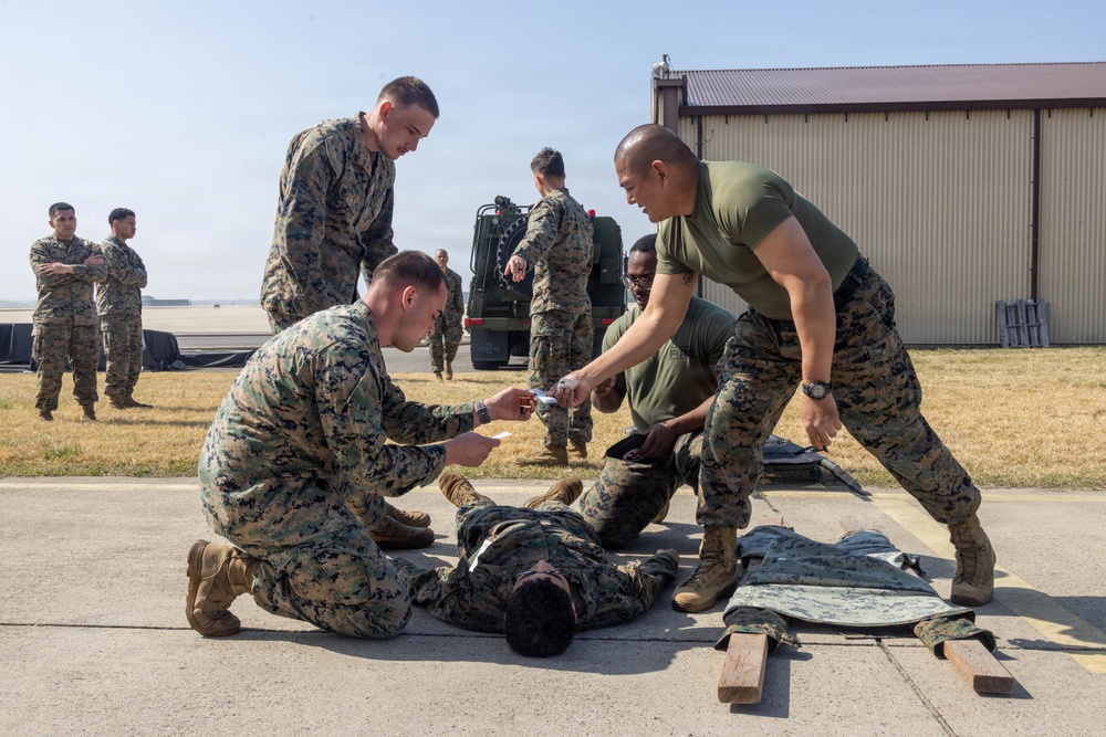 U.S. Marines provide medical care during a simulated mass casualty training event