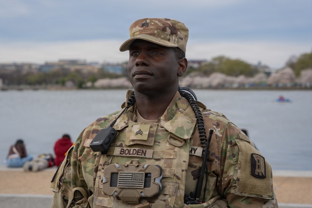 Joint Task Force Magnolia Soldiers patrol at the Jefferson Memorial