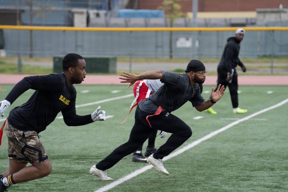 1SIG BDE Signal Month: 1st Signal Brigade Soldiers compete in Flag Football Tournament.