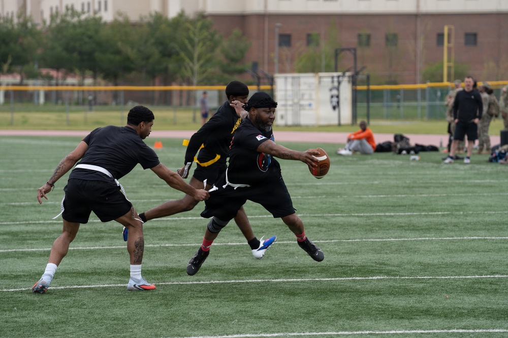 1SIG BDE Signal Month: 1st Signal Brigade Soldiers compete in Flag Football Tournament.
