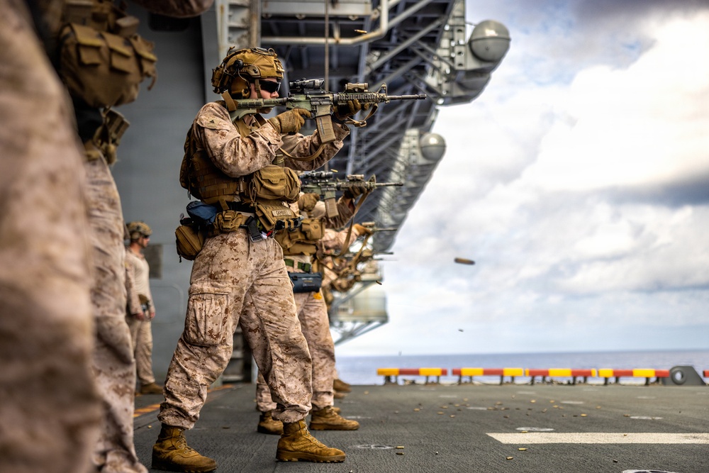 11th MEU Marines, Sailors Conduct Marksmanship Training Aboard USS Boxer