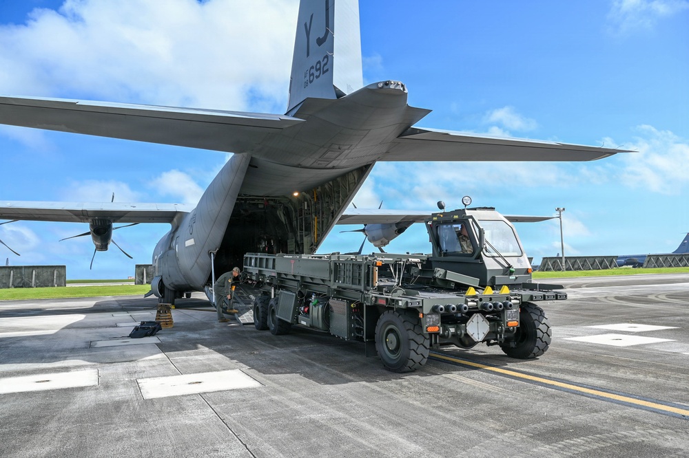 36th Airlift Squadron, 44th Aerial Port Squadron, 734th Air Mobility Squadron and Federal Emergency Management Agency load Humanitarian Aid for Commonwealth Northern Mariana Islands departure