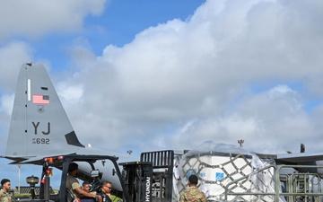 36th Airlift Squadron, 44th Aerial Port Squadron, 734th Air Mobility Squadron and Federal Emergency Management Agency load Humanitarian Aid for Commonwealth Northern Mariana Islands departure