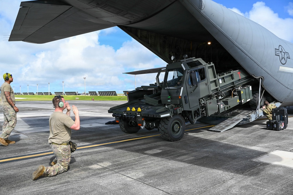 36th Airlift Squadron, 44th Aerial Port Squadron, 734th Air Mobility Squadron and Federal Emergency Management Agency load Humanitarian Aid for Commonwealth Northern Mariana Islands departure