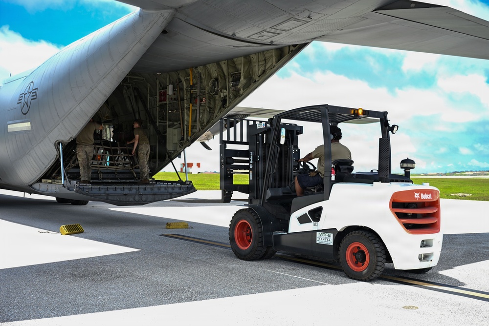 36th Logistics Readiness Squadron loads heavy machinery for Humanitarian Aid for Commonwealth Northern Mariana Islands departure