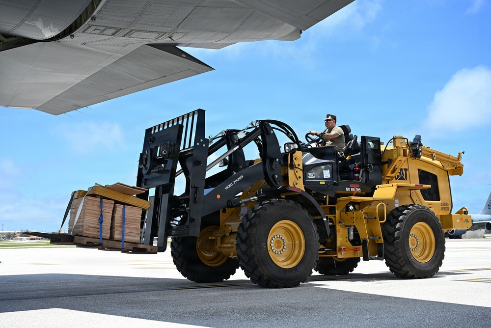 36th Logistics Readiness Squadron loads heavy machinery for Humanitarian Aid for Commonwealth Northern Mariana Islands departure