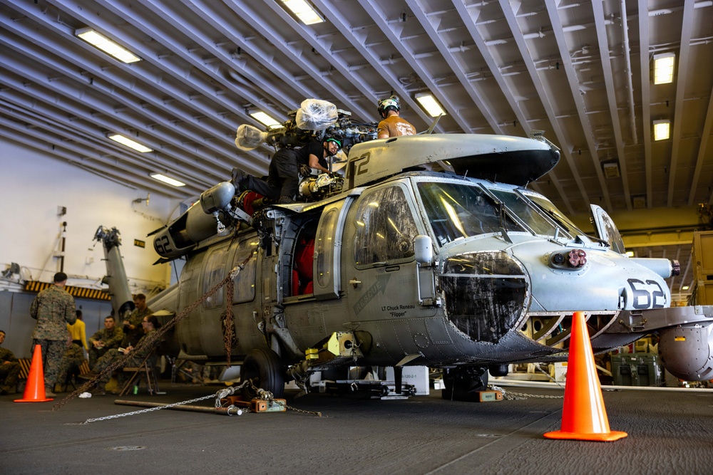 ARG Sailors Conduct MH-60 Seahawk Maintenance Aboard USS Boxer