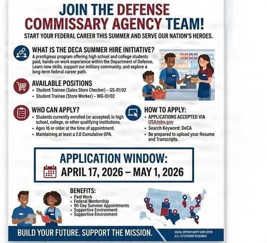 SUMMER 2026 INTERNS: The Defense Commissary Agency is recruiting students as part of its summer hire initiative