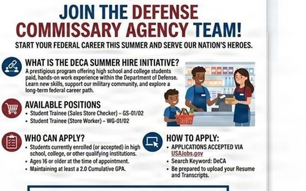 SUMMER 2026 INTERNS: The Defense Commissary Agency is recruiting students as part of its summer hire initiative