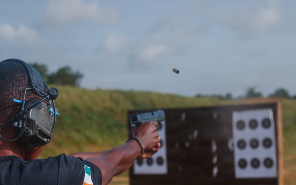 Ivorian law enforcement executes pistol marksmanship drills during Flintlock 26