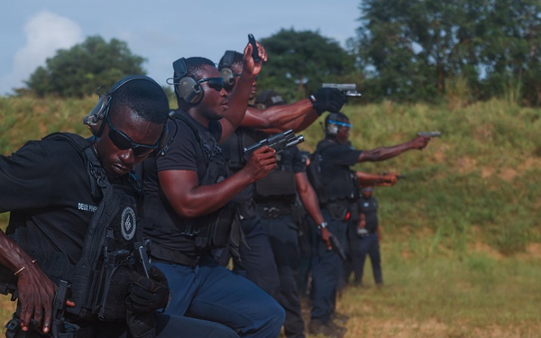 Ivorian law enforcement executes pistol marksmanship drills during Flintlock 26