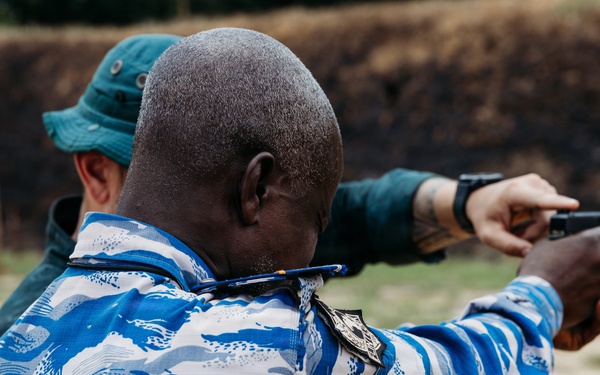 Ivorian law enforcement executes pistol marksmanship drills during Flintlock 26