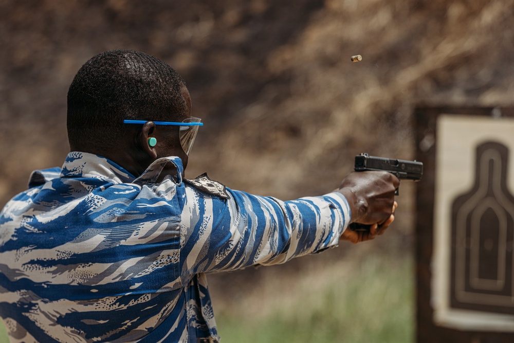 Ivorian law enforcement executes pistol marksmanship drills during Flintlock 26