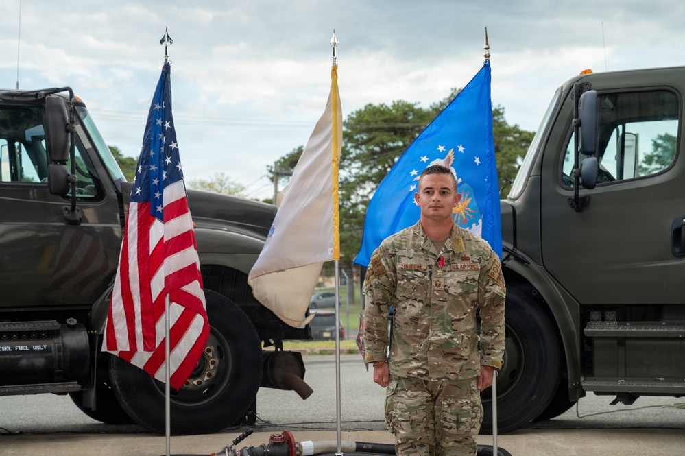 New Jersey Air National Guard Airman receives Bronze Star medal during ceremony at the 177th Fighter Wing