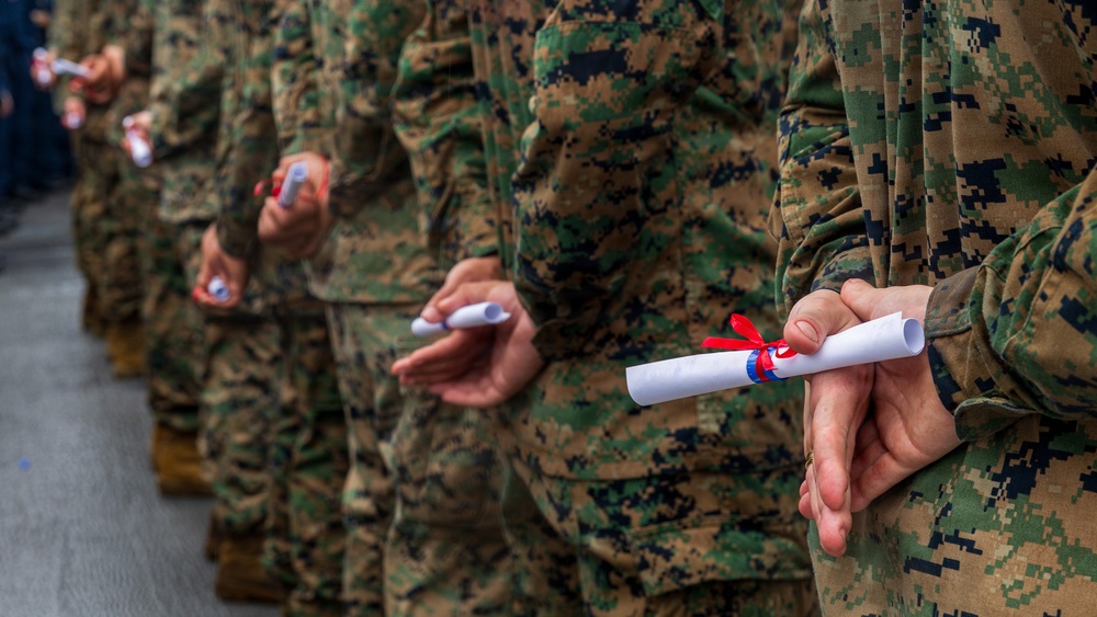 11th MEU Marines, USS Boxer Sailor Graduate Corporals Course While Underway
