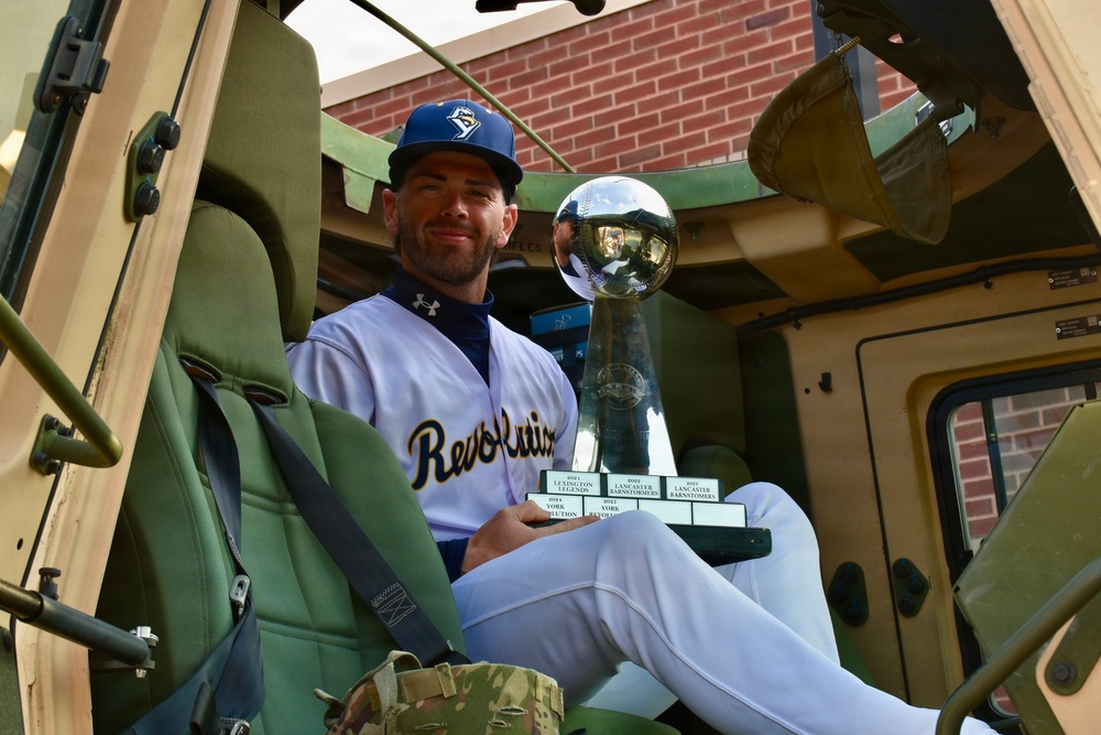 Third baseman Brandon Lewis with the Atlantic League Championship Trophy