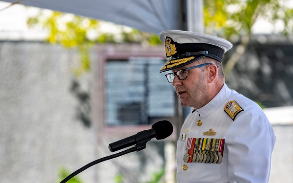 Royal Australian Navy Rear Adm. Terence Morrison, deputy director of maritime operations, delivers commemorative address during an Anzac Day ceremony at Punchbowl Cemetery