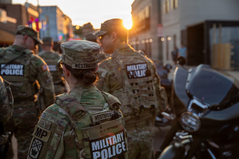 Tennessee National Guard patrols Beale Street during Bike Night in Memphis, Tennessee