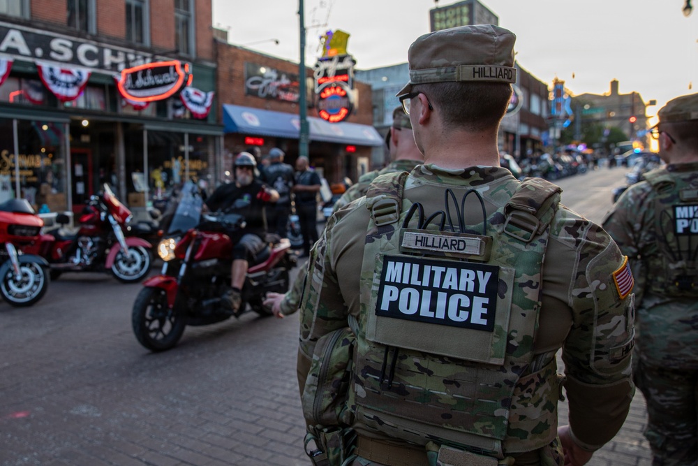 Tennessee National Guard patrols Beale Street during Bike Night in Memphis, Tennessee