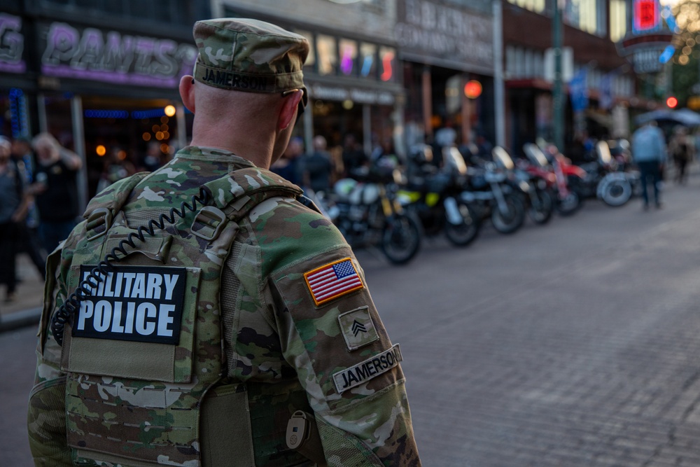 Tennessee National Guard patrols Beale Street during Bike Night in Memphis, Tennessee