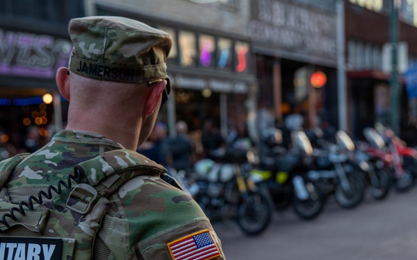 Tennessee National Guard patrols Beale Street during Bike Night in Memphis, Tennessee