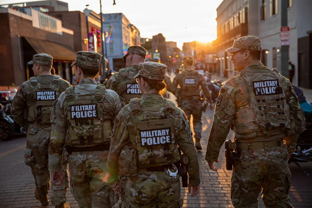 Tennessee National Guard patrols Beale Street during Bike Night in Memphis, Tennessee