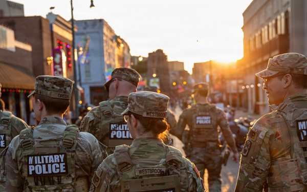 Tennessee National Guard patrols Beale Street during Bike Night in Memphis, Tennessee