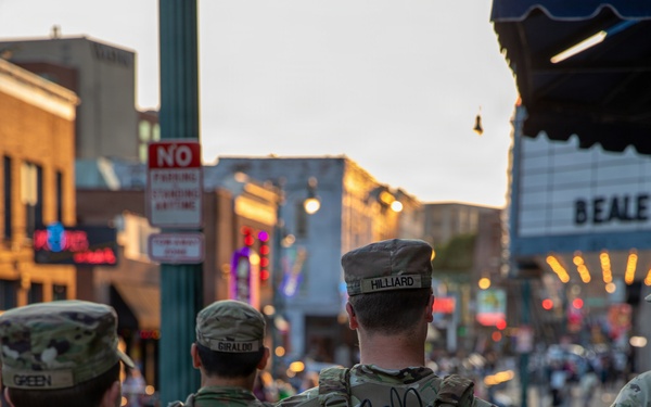 Tennessee National Guard patrols Beale Street during Bike Night in Memphis, Tennessee