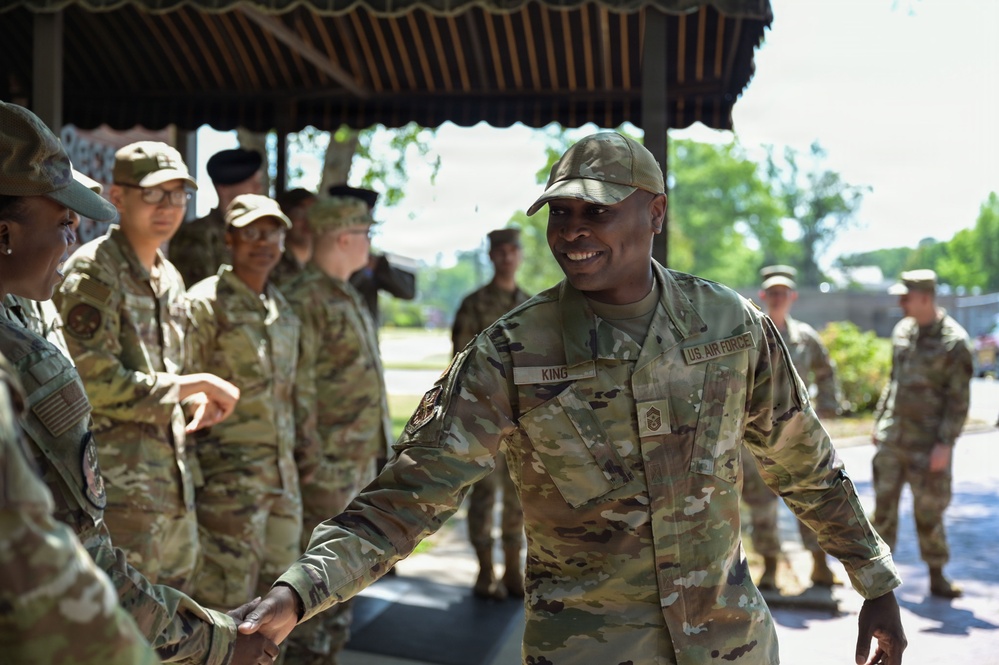 Chief Master Sgt. King visits 14th Flying Training Wing Honor Guard.